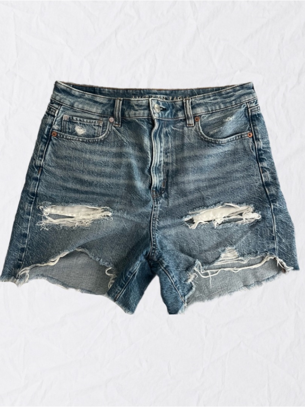 American Eagle High-Rise Distressed Denim Women’s Baggy Mom Shorts - Blue